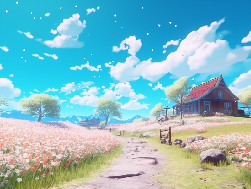 乡间小路红色木屋春季夏季草坪草地户外郊游蓝天白云美景插画,插画/手绘图,插画/手绘图库,插画/手绘图下载,插画/手绘